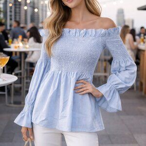 Off Shoulder Blue & White Striped Smocked Blouse Coastal Prairie Baby Doll